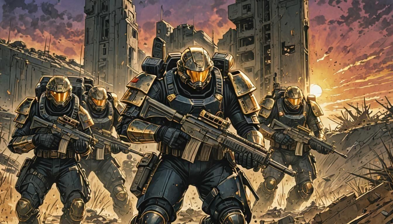 Heavy Armored Soldiers in Cel-Shaded Anime Style