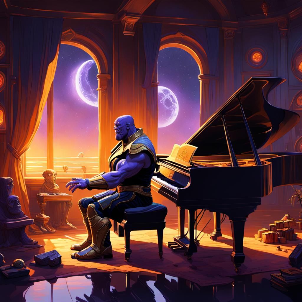 Epic Fantasy Portrait of Thanos at a Grand Piano