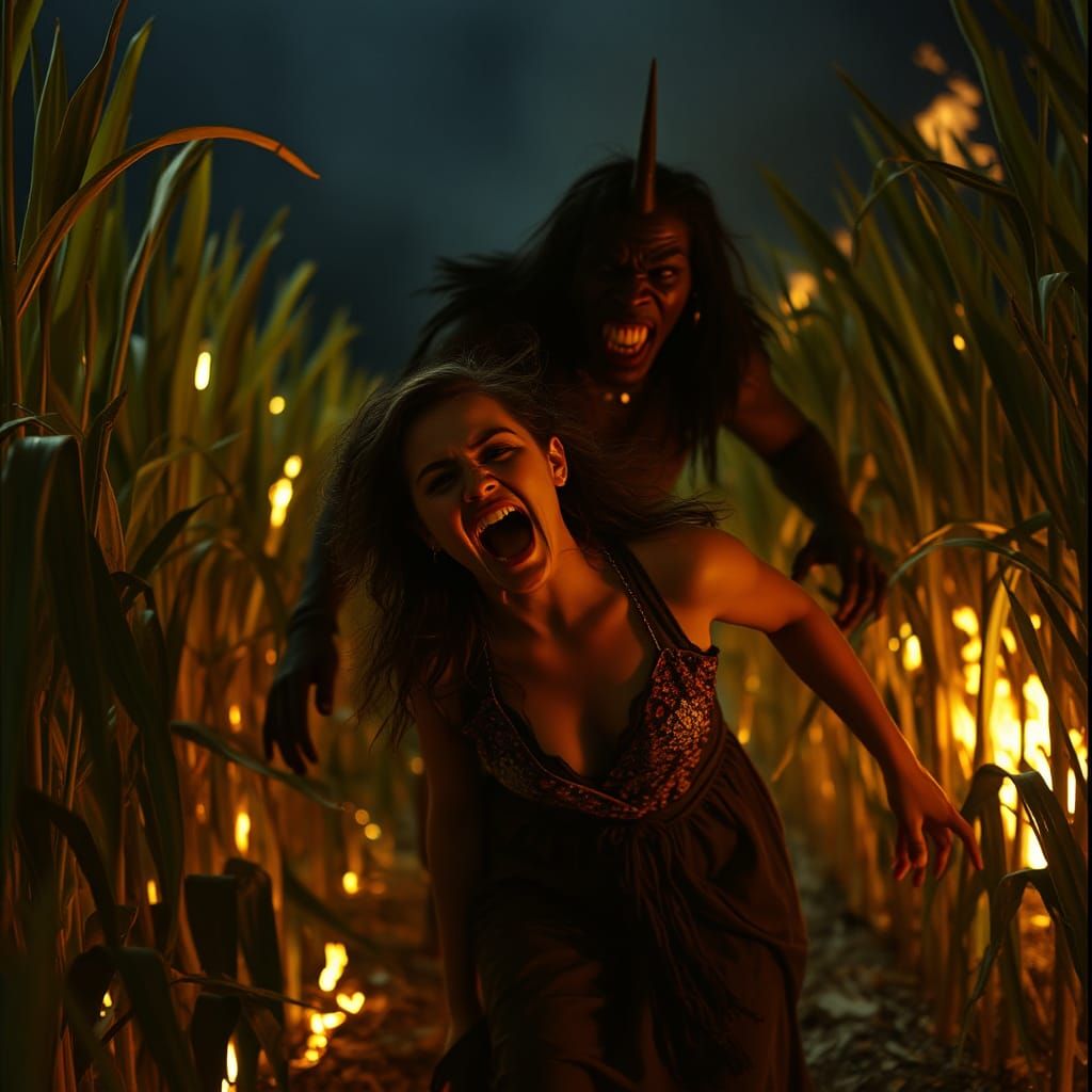 Ferocious Horror Character Attacks Woman in Burning Field