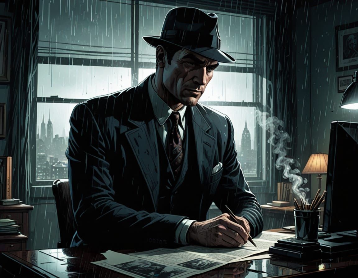 Film Noir Detective in Rainy City Office