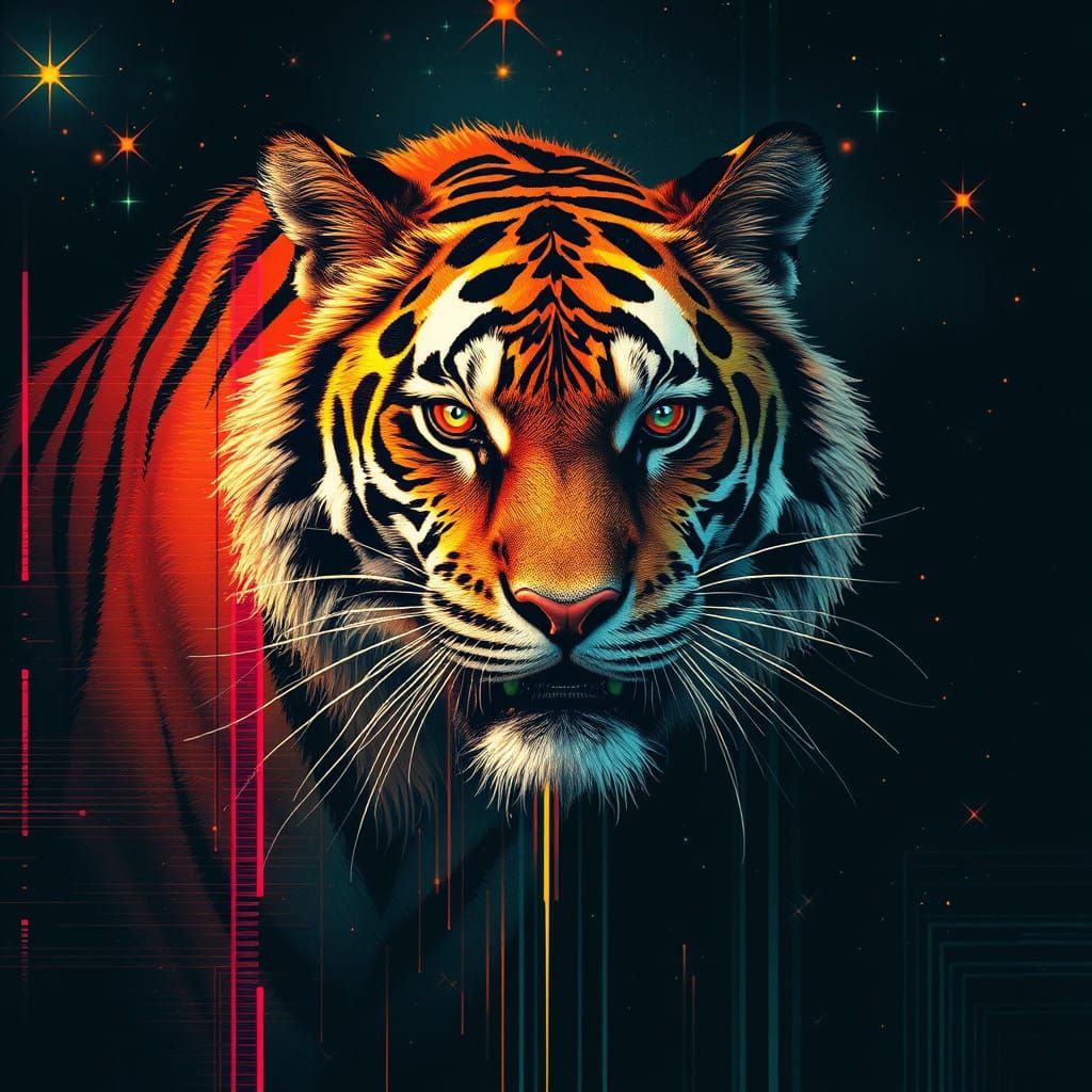 Surreal Tiger in a Cosmic Cyberpunk Landscape