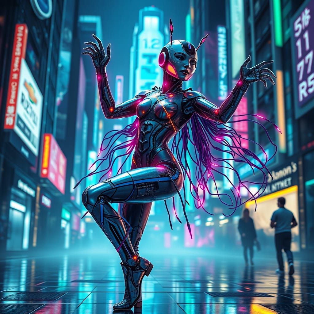 Cybernetic Dancer in Neon Metropolis, Cyberpunk Style
