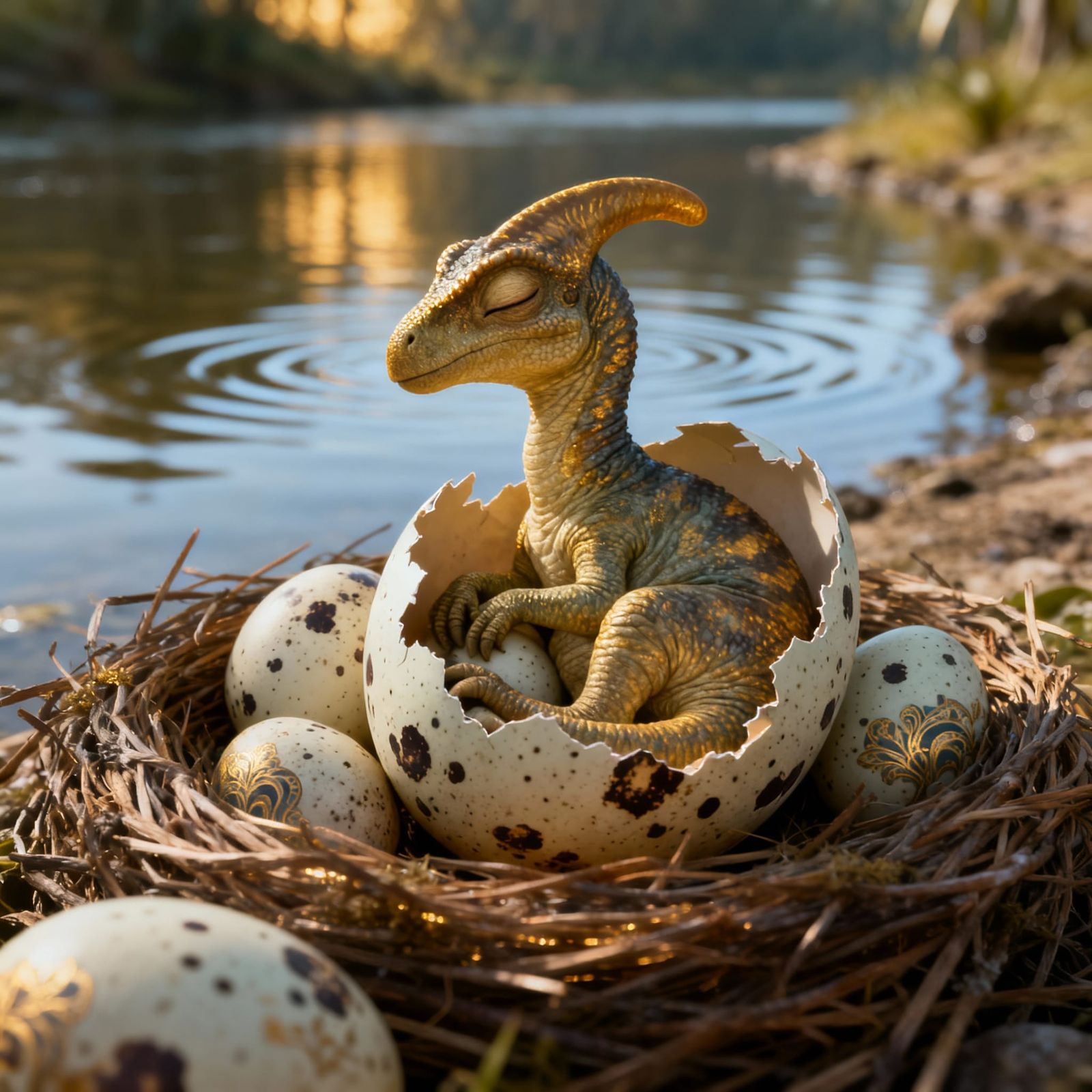 Tiny Parasaurolophus Dinosaur Sleeps in Broken Egg