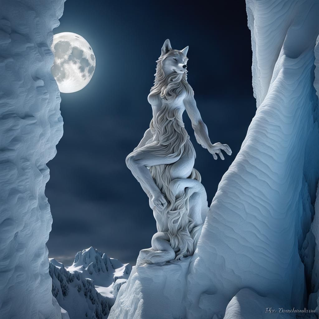 Translucent Sculpture: Woman, Wolf, and Moonlit Ice