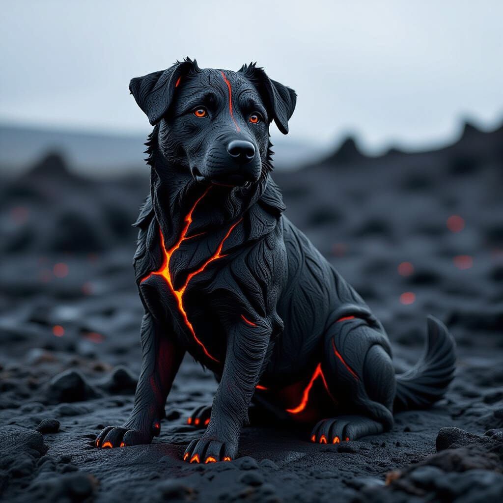 a dog sculpted from swirling molten lava