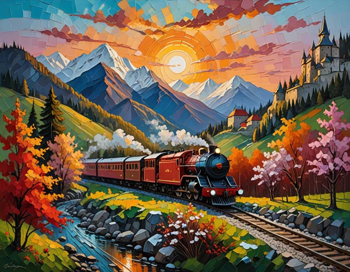 Vivid Red Steam Train in Abstract Mountain Landscape