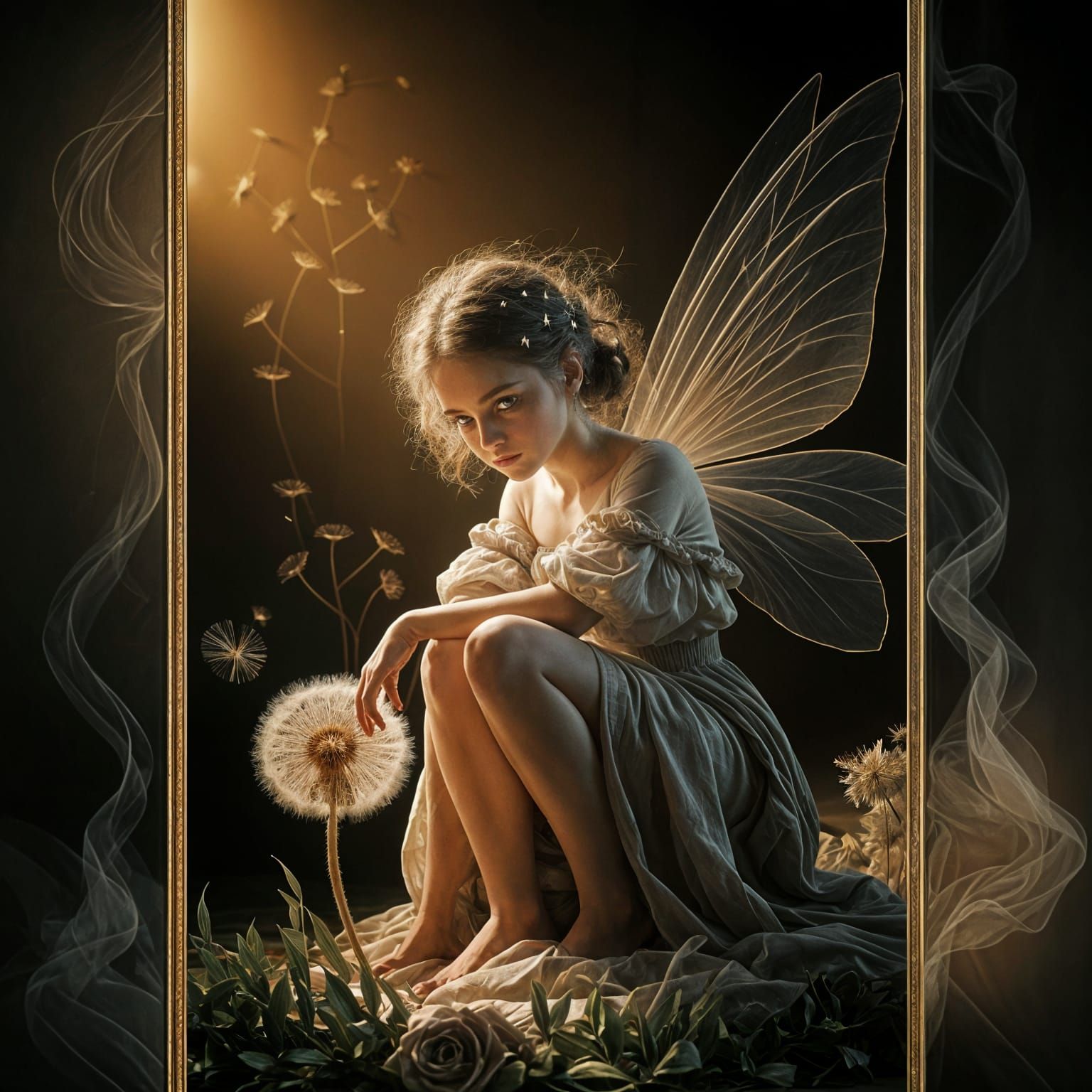 Fairy on Dandelion in Chiaroscuro Style