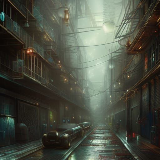 Decadent Technoir City: Industrial Alley in Digital Art
