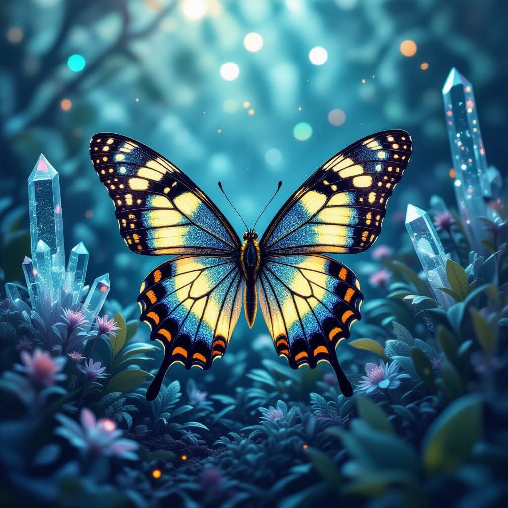 Bioluminescent Butterfly in Surreal Alien Garden