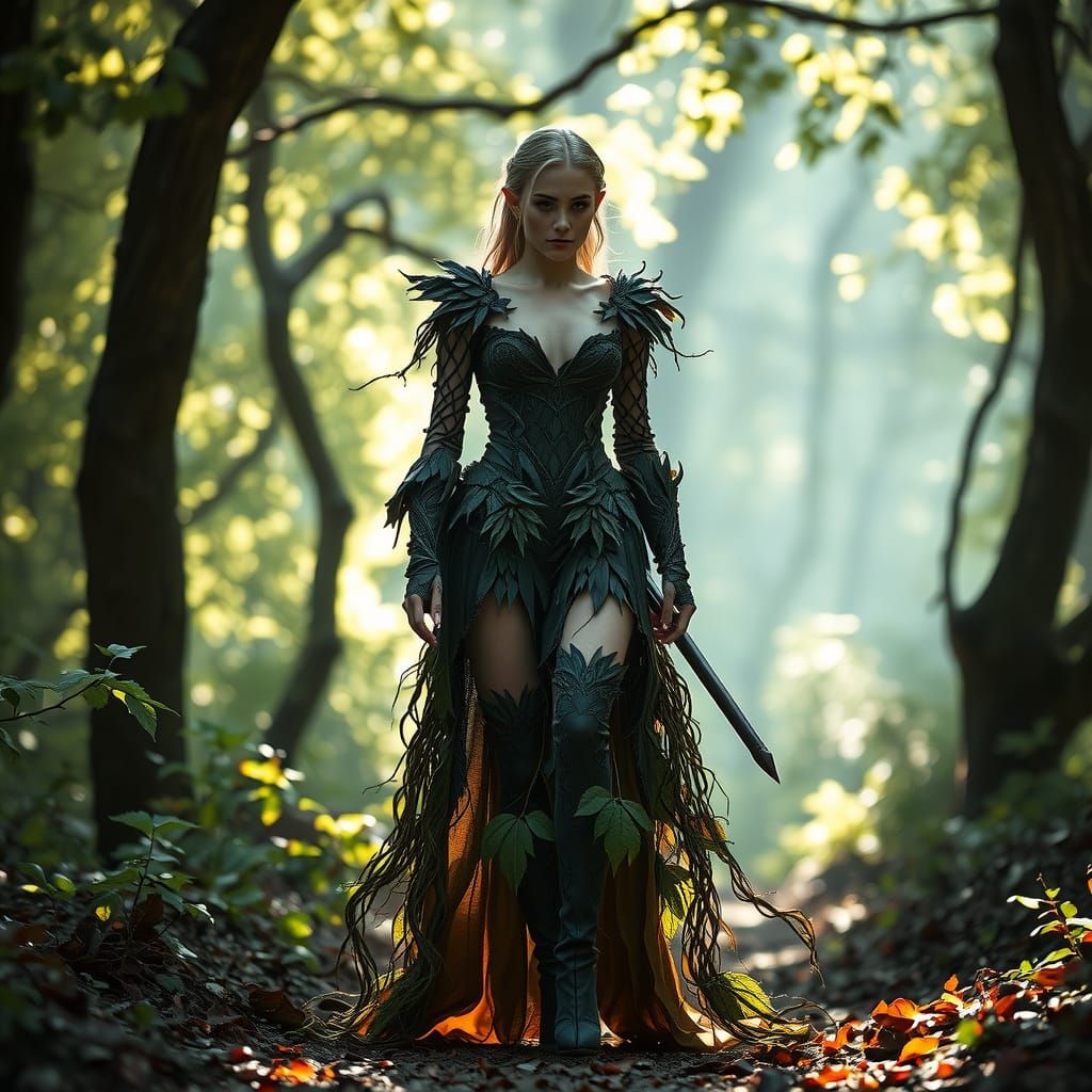 Elegant Elven Warrior Strolls Through Enchanted Forest in Av...
