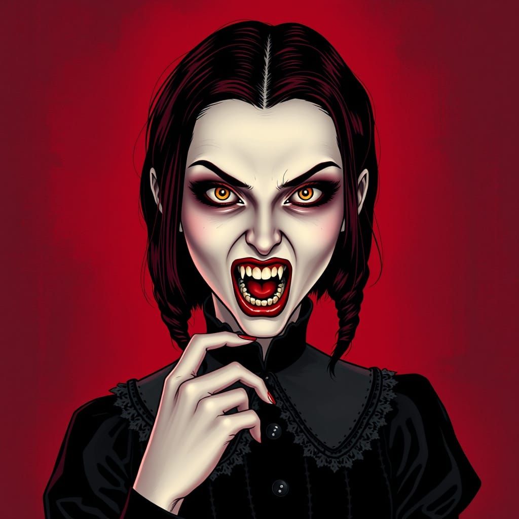 Vampire Wednesday Addams with Blood-Red Background