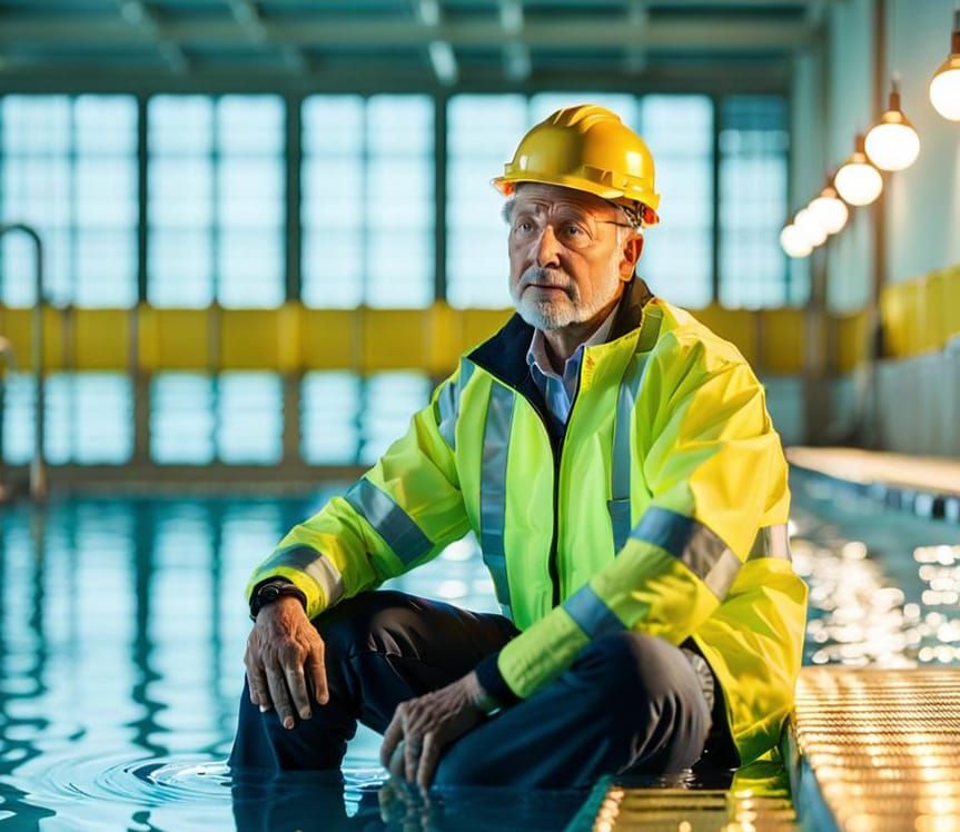 Workman Relaxes Poolside After Work
