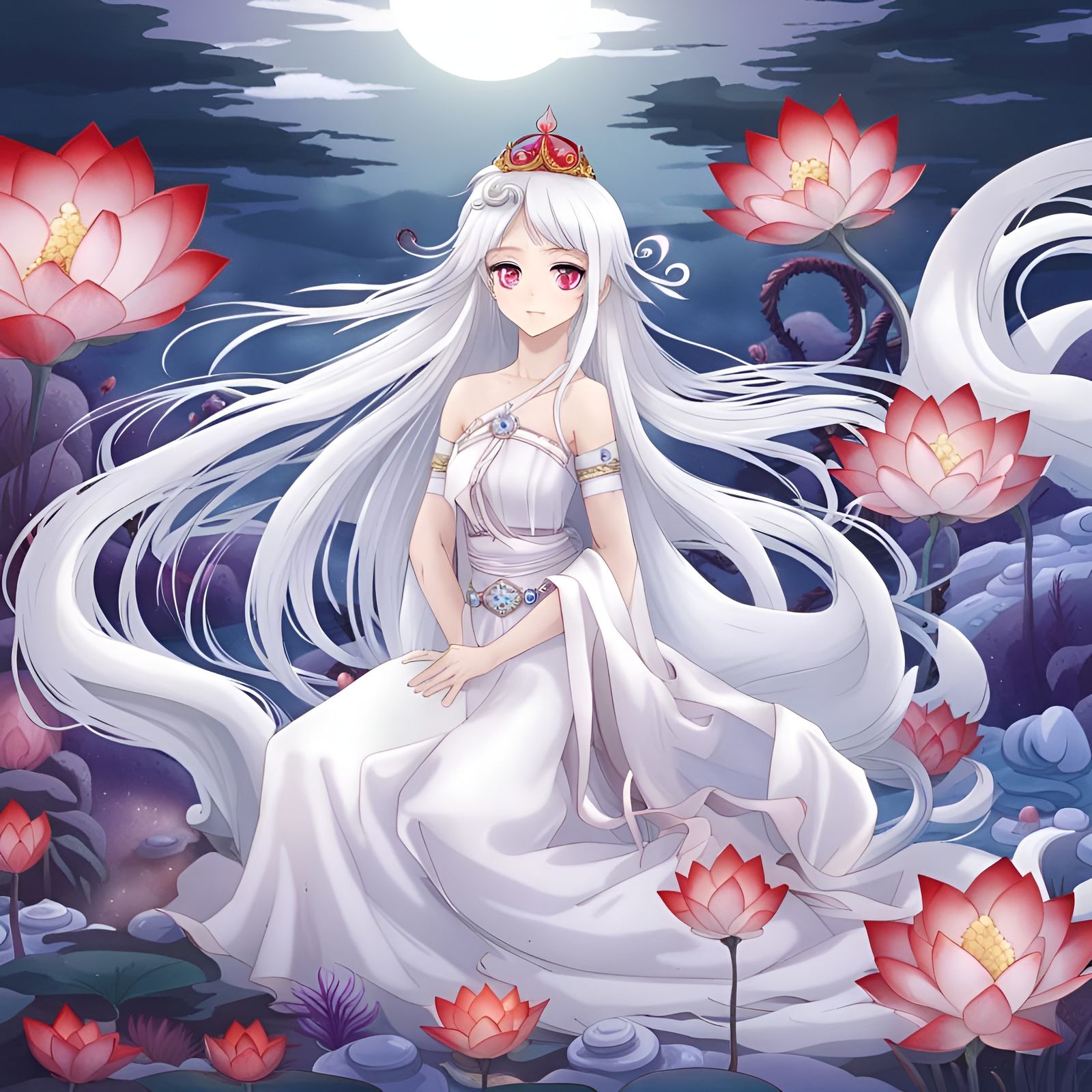 Anime Princess with Lotus Flower and Red Moon
