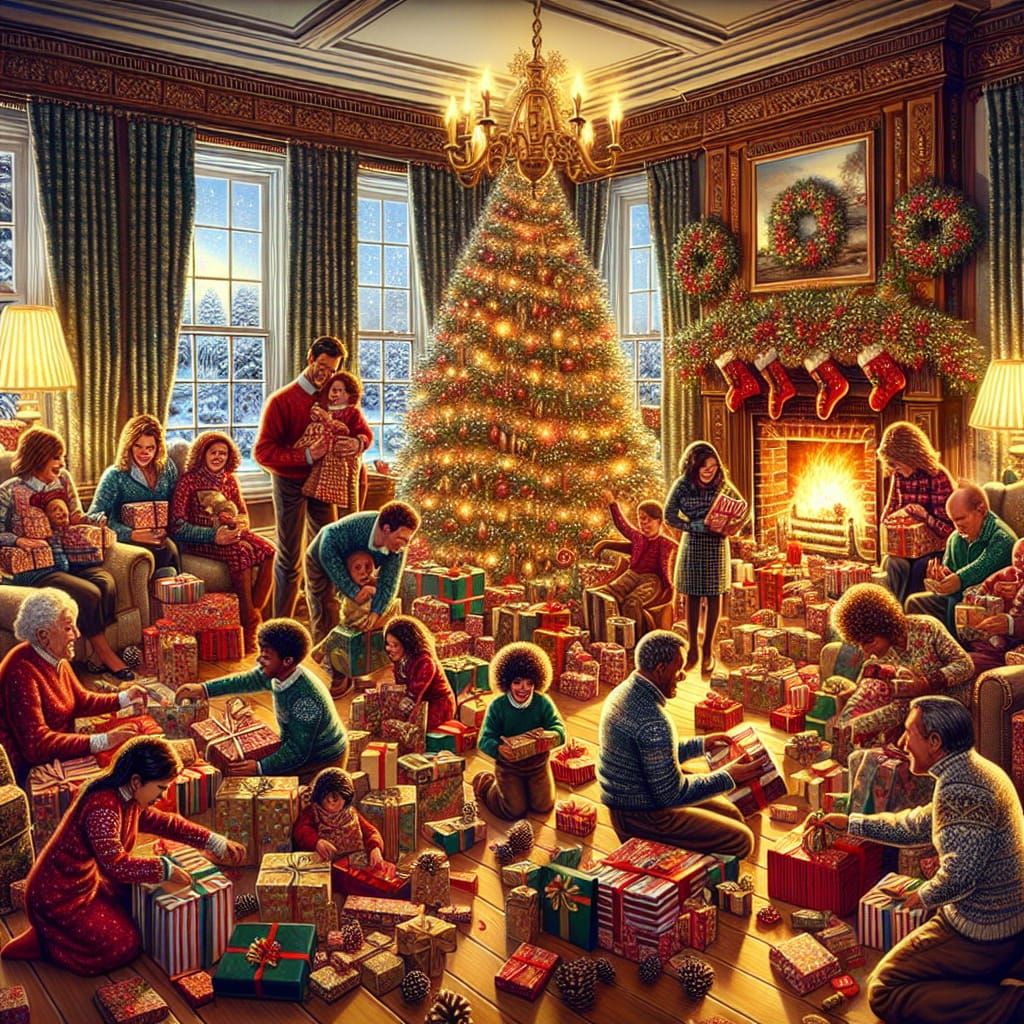 Warm Winter Scene of Diverse Family Opening Gifts on Boxing...