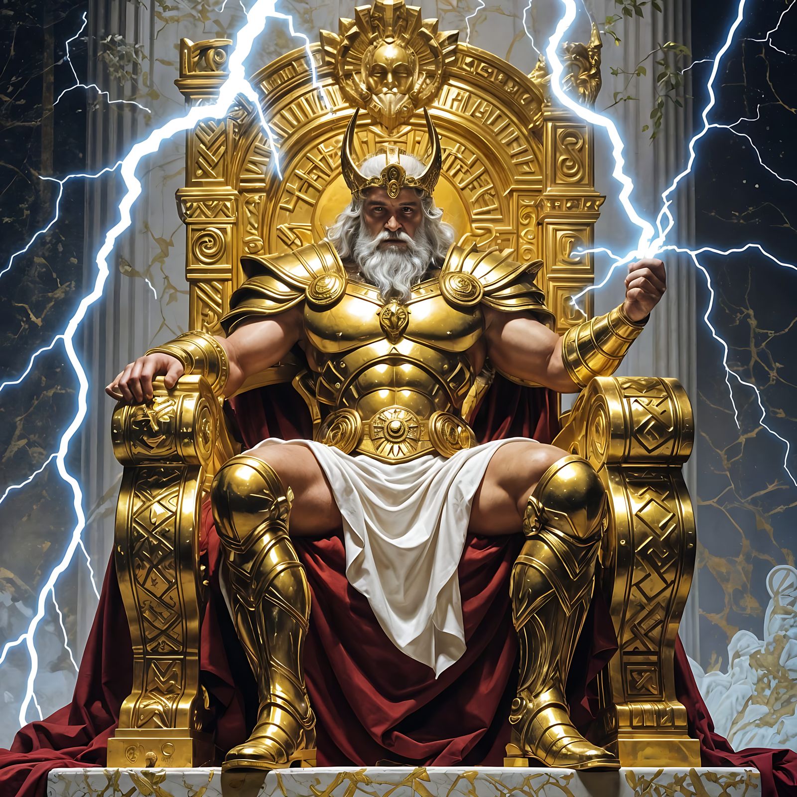 Zeus on Golden Throne Wielding Lightning