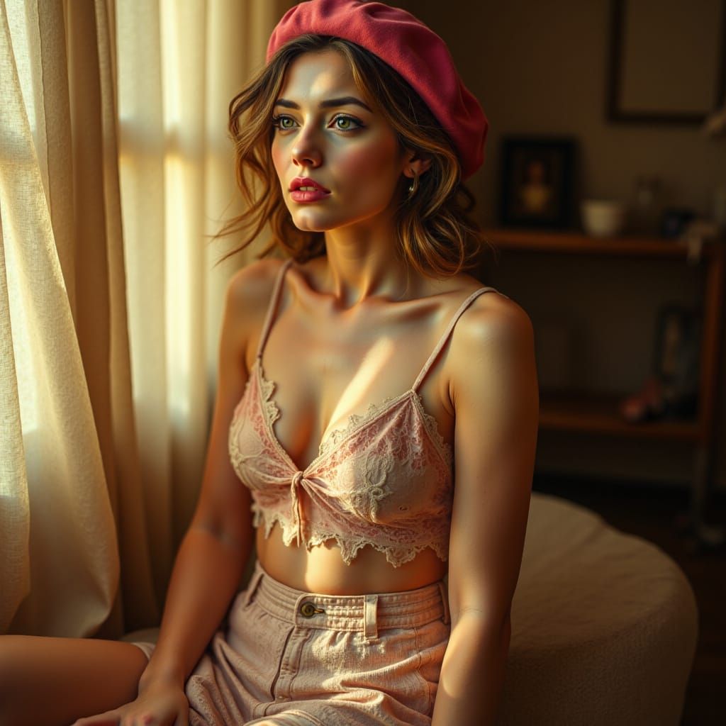 Woman in Raspberry Beret in Sunlit Vintage Setting