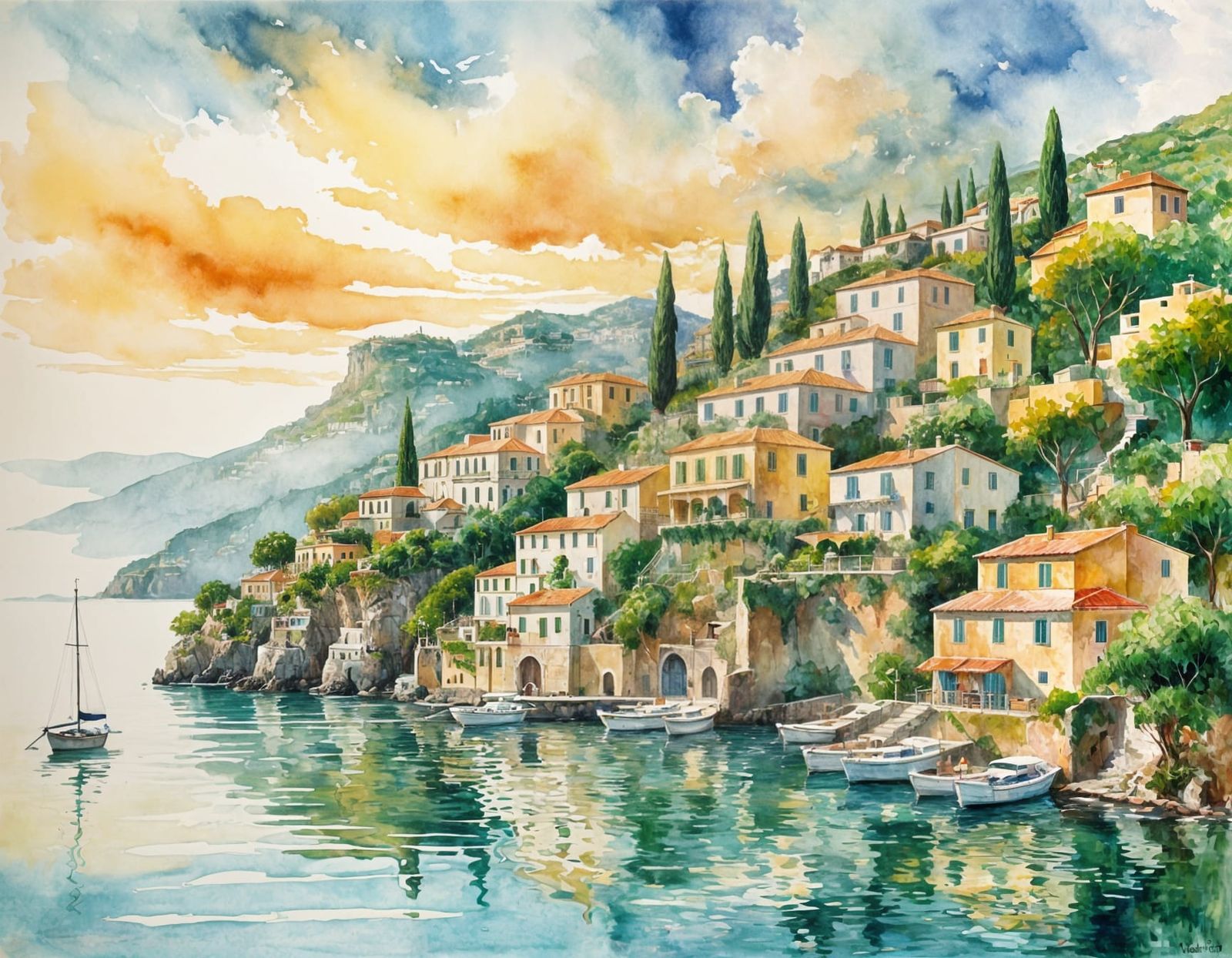 Amalfi Coast Sunset: A Watercolor Painting