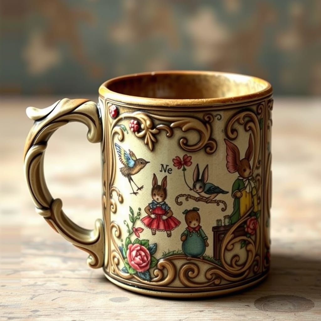 Ornate Book Mug in Beatrix Potter Style
