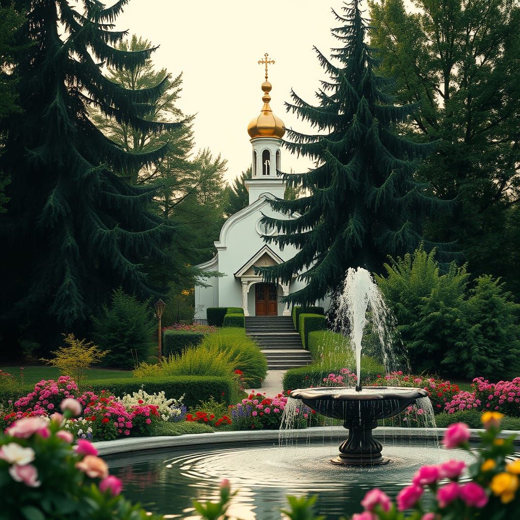 Orthodox Church in Vibrant Floral Oasis