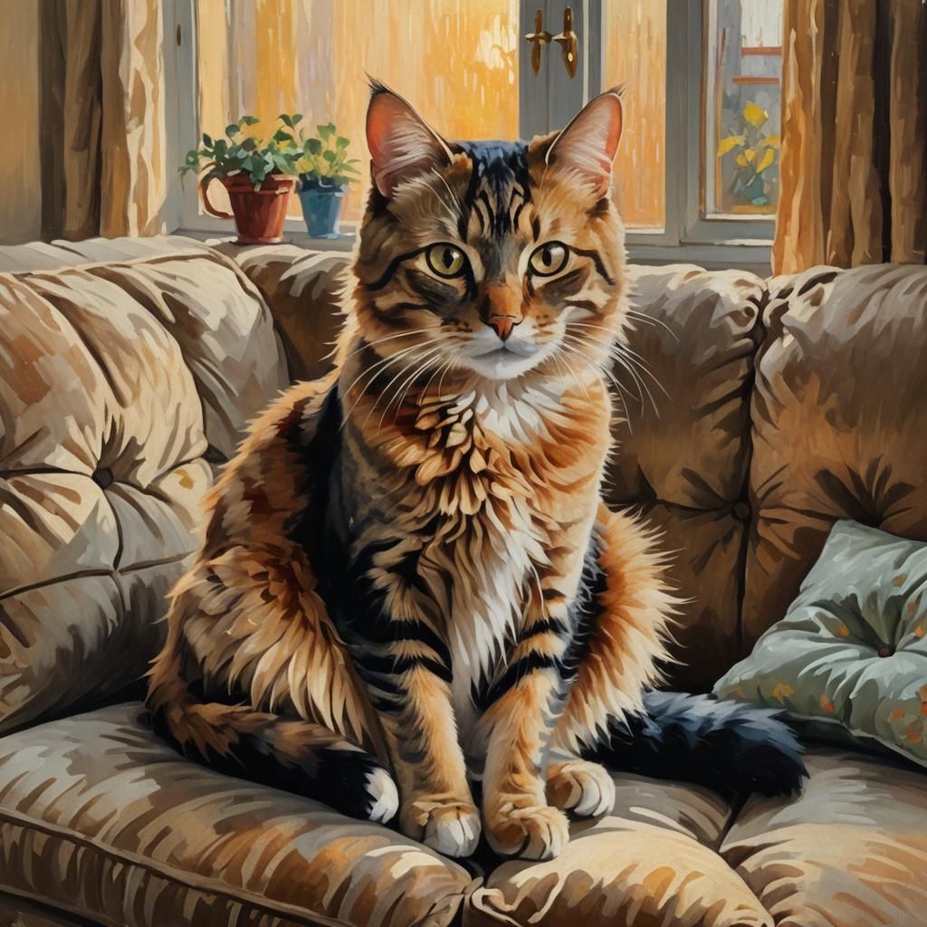 Elegant Cat on Velvet Sofa as Impressionist Oil Painting