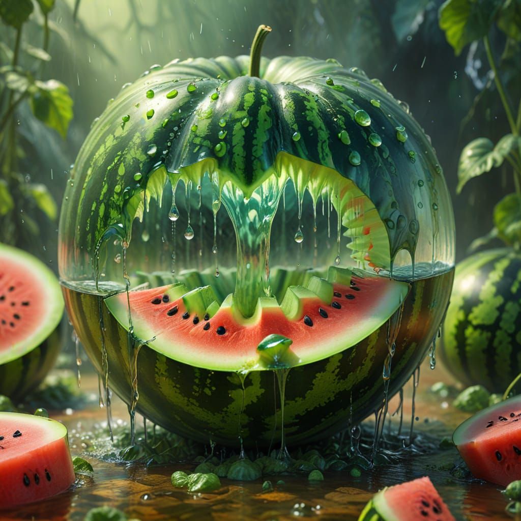 Surreal Waterfall Inside a Transparent Watermelon