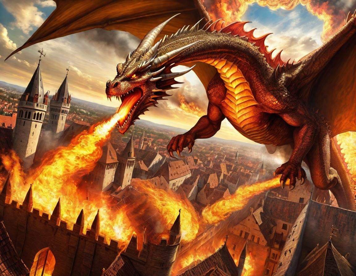 Fire Dragon Over Medieval City in Zabrocki Style