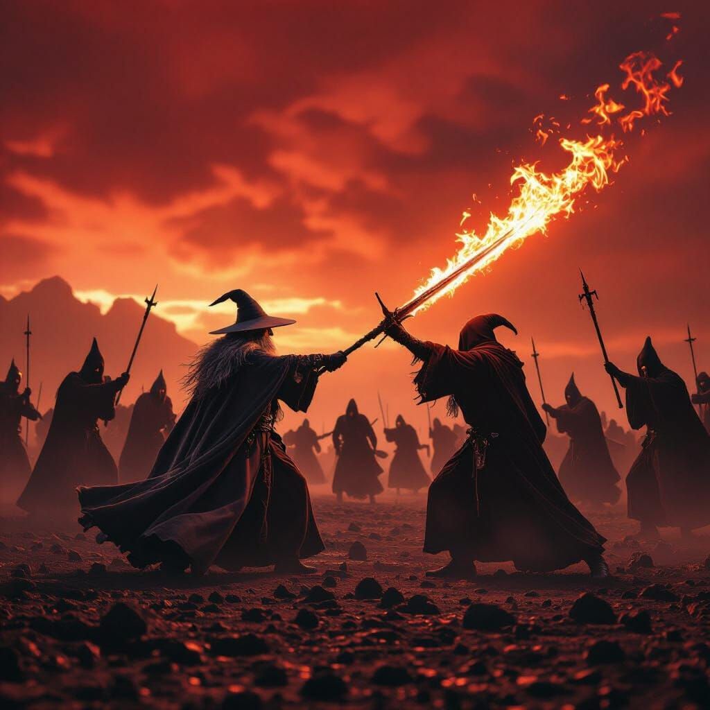 Gandalf Battles Ringwraiths on Stormy Battlefield