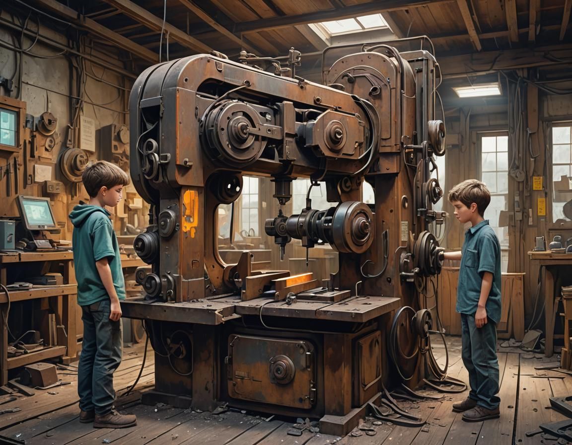 Boy Observes Bandsaw in Futuristic Woodshop