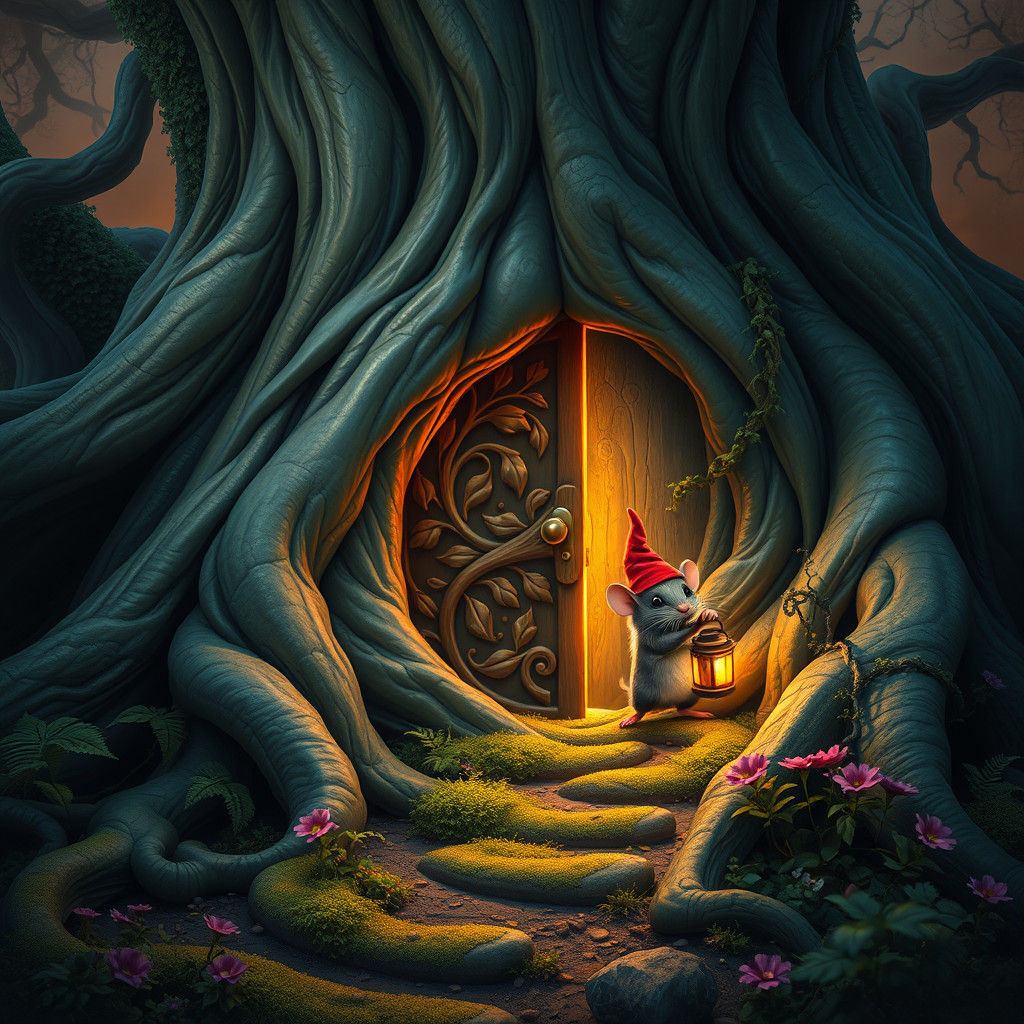 Mouse Discovering Secret Door in Enchanted Forest