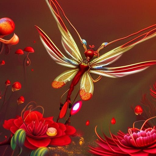 Scarlet Forest with Dragonfly Fairies: Hyperrealistic Image