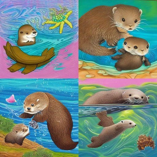 Cute Chibi Otter Mother and Daughter in Sunny Waters