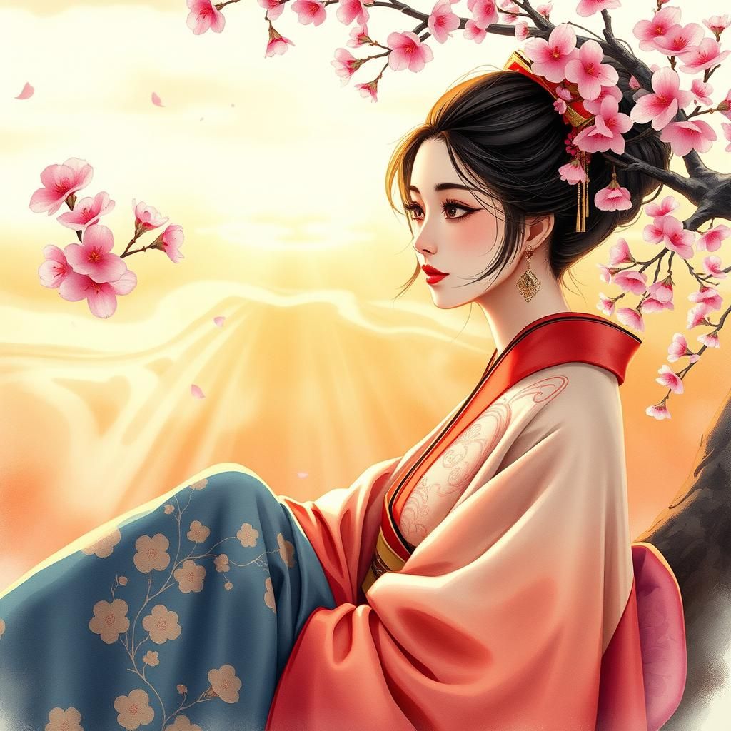 Hanfu Lady by Cherry Tree, Vintage Anime Watercolor