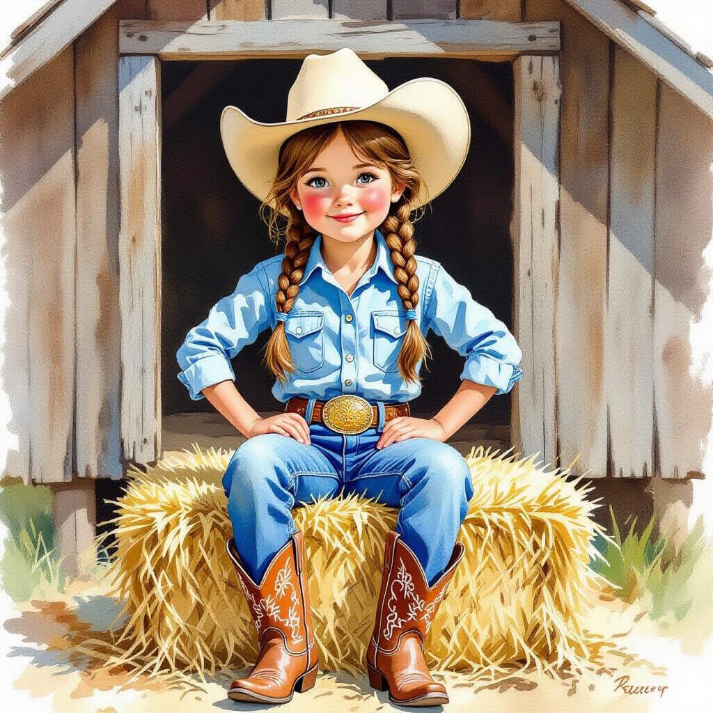Country Girl on Hay Bale in Watercolor Style