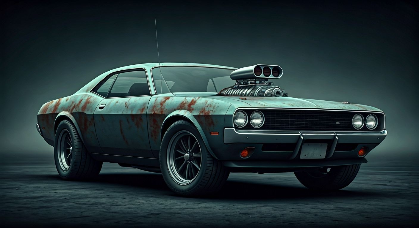 Postapocalyptic Muscle Car with Bulging Muscles