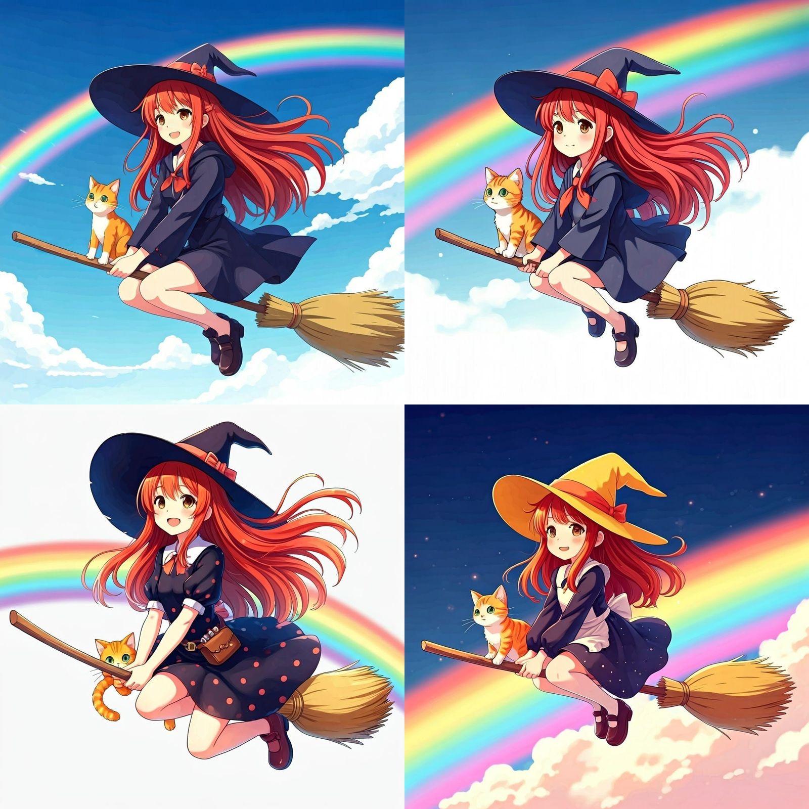 Happy Witch Flying Over Rainbow, Anime Style