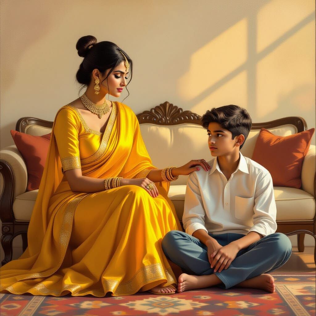 Indian Woman in Yellow Silk Salwar Kameez on Sofa