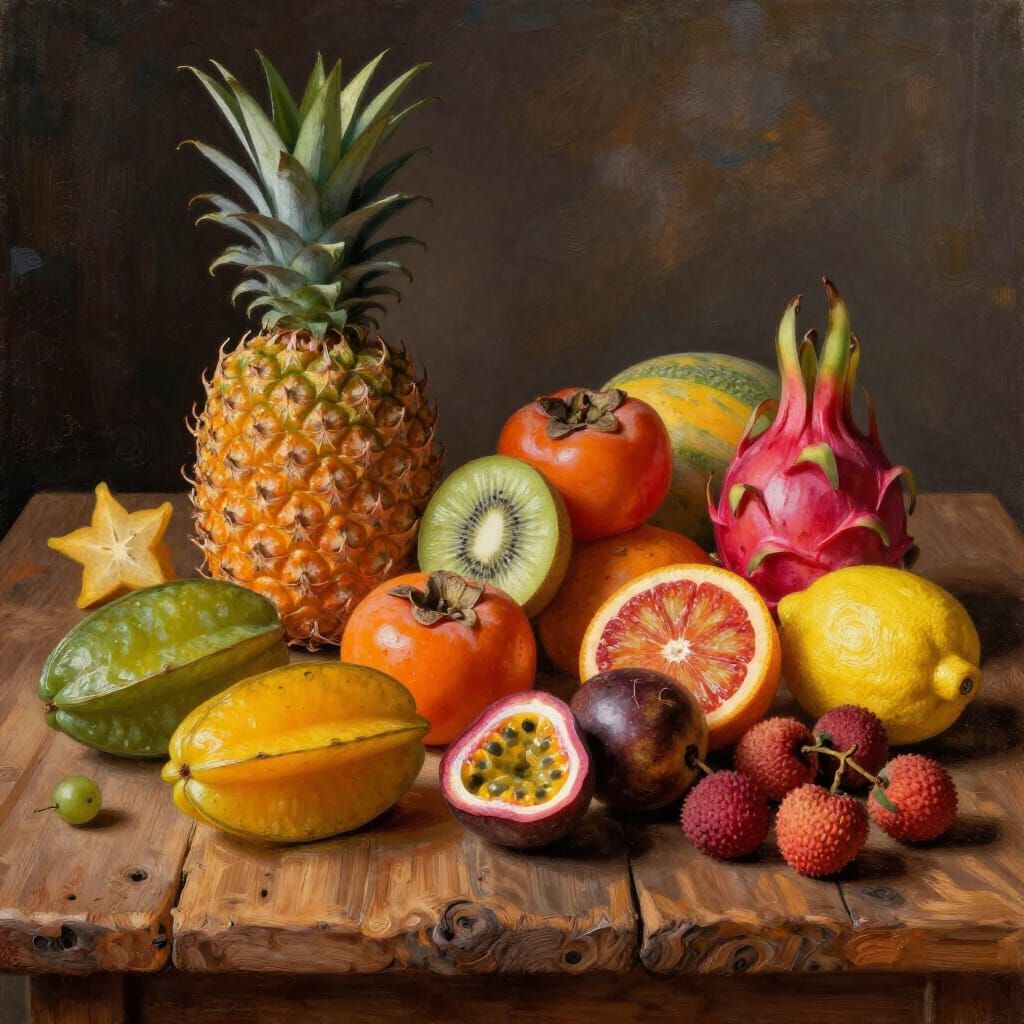 Vibrant Tropical Fruit Still Life Oil Painting