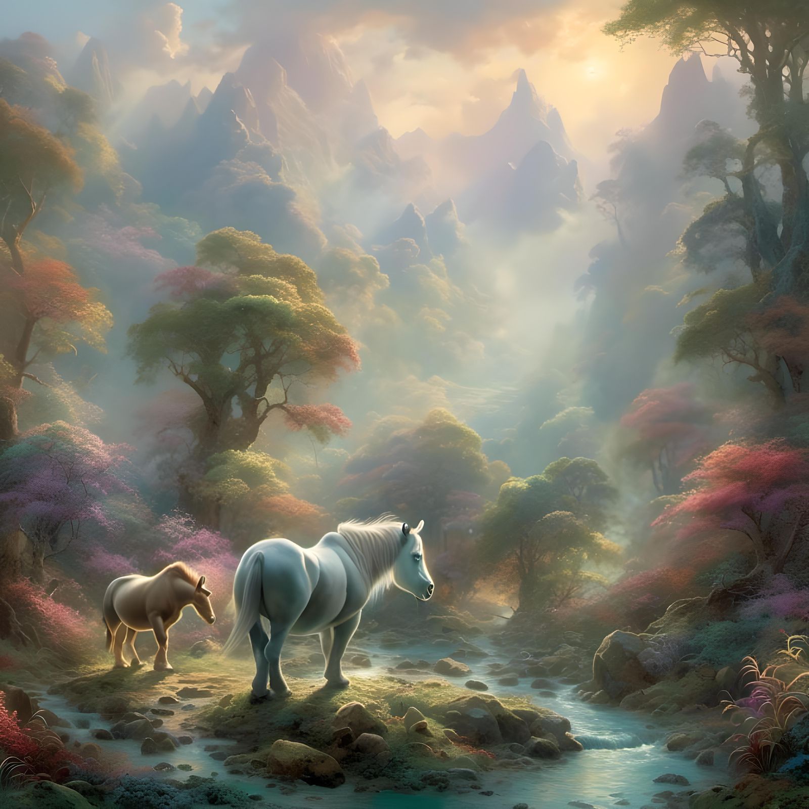 Ethereal Rhinocerine Pony in a Thomas Kinkade Style