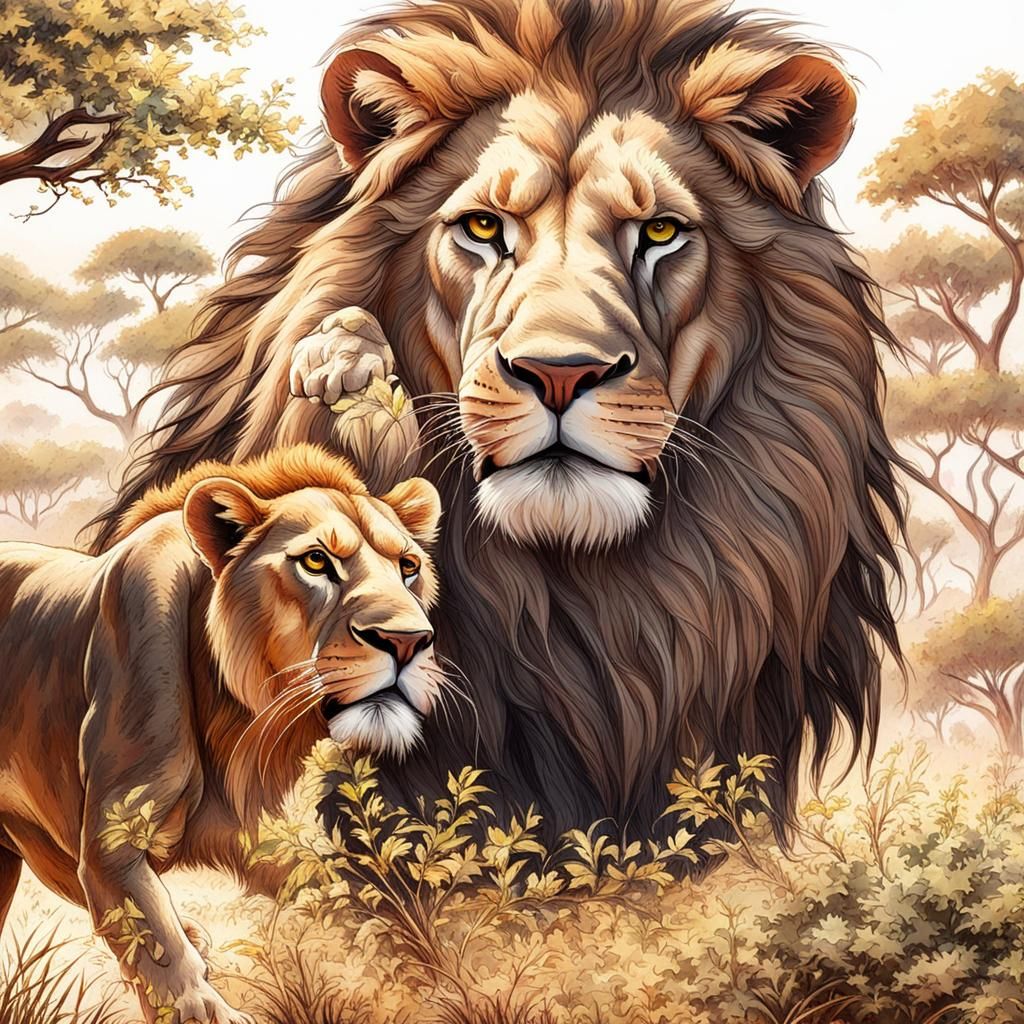 a lion hiding behind the bush before attack a bull