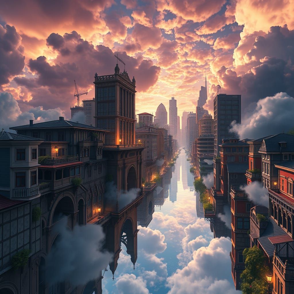 Vibrant Surreal Cityscape with Swapped Tourists and Clouds