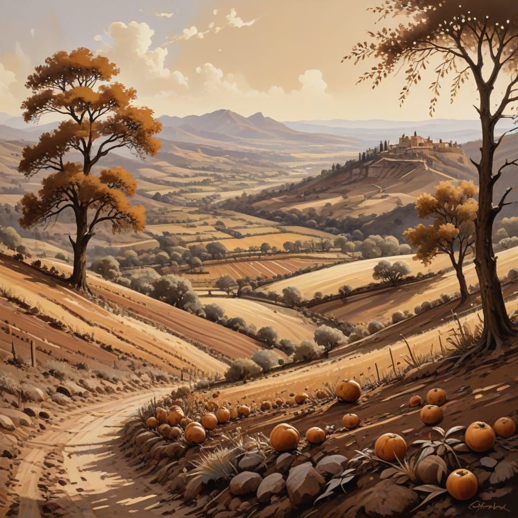 Earthy Brown Landscape and Portrait Painting in Impressionis...