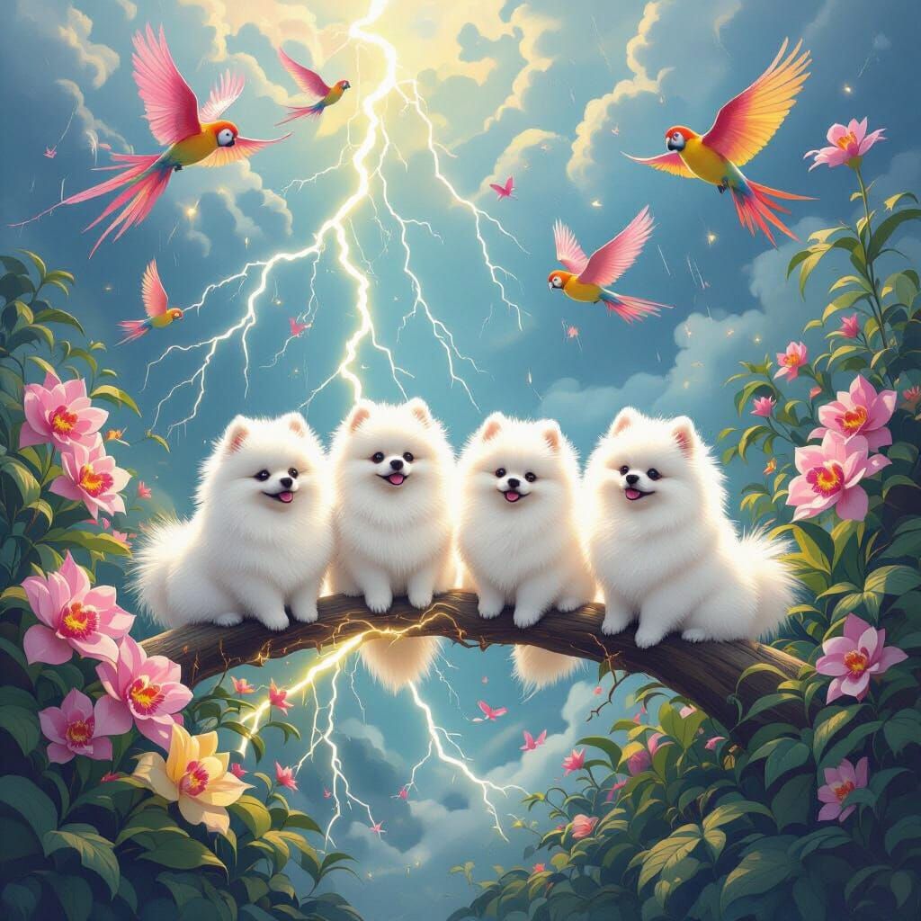 Fluffy Pomeranians on Lightning in Surreal Ghibli Jungle