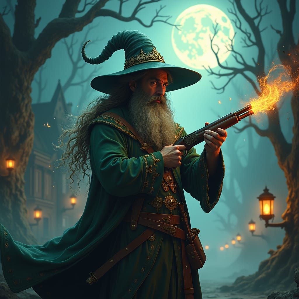 Mystical Wizard Channels Magic Through Enchanted Musket