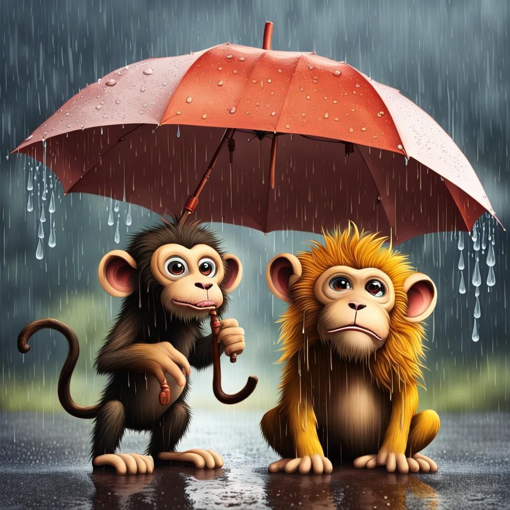Lion and Monkey in Rainy Storm Scene