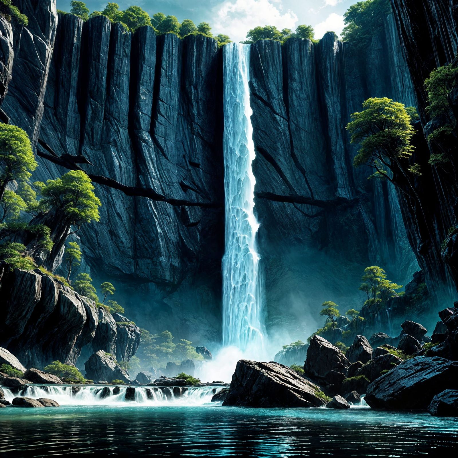Majestic Waterfall in Fantasy Forest Illustration