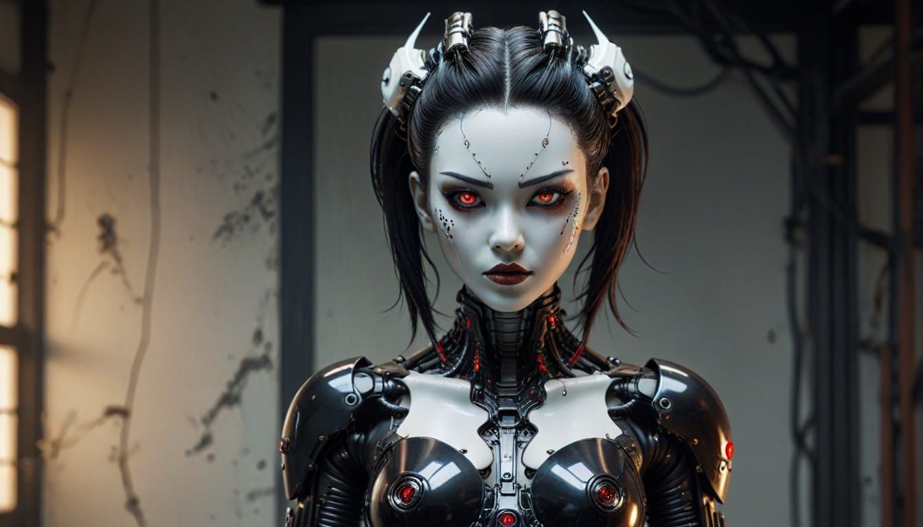 Gothic Pinup Gynoid with Punk Hair in Cyberpunk City