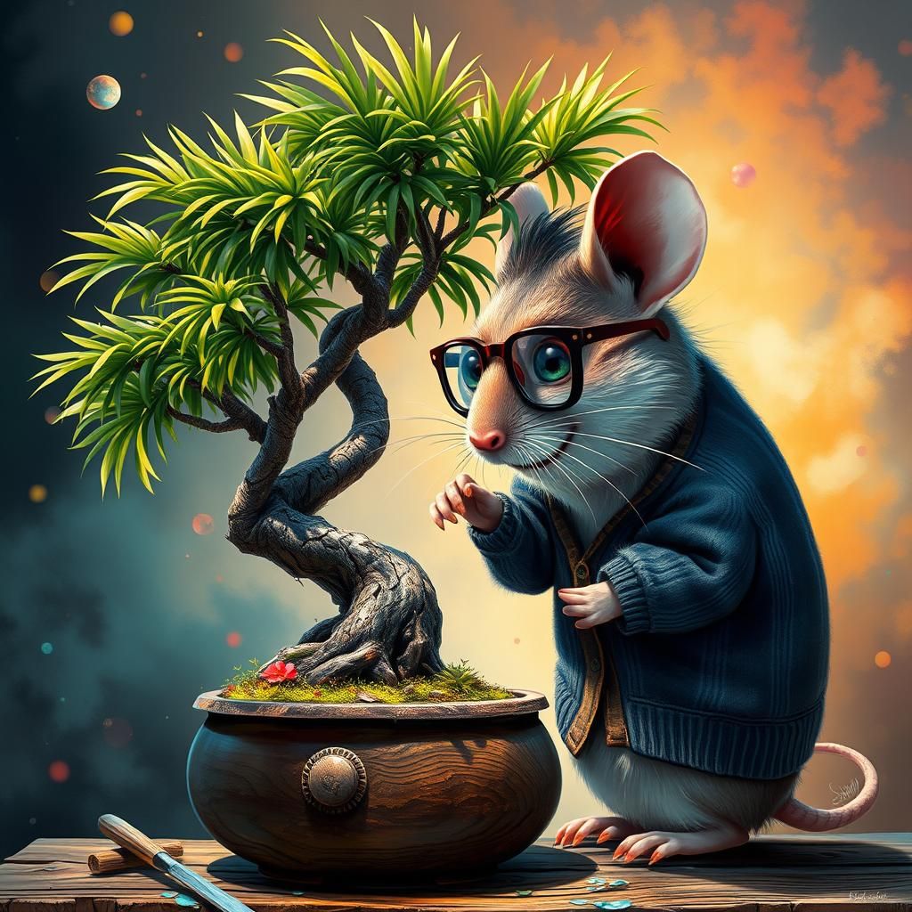 Mouse Gardener Tends Palm Bonsai with Hyperrealistic Care
