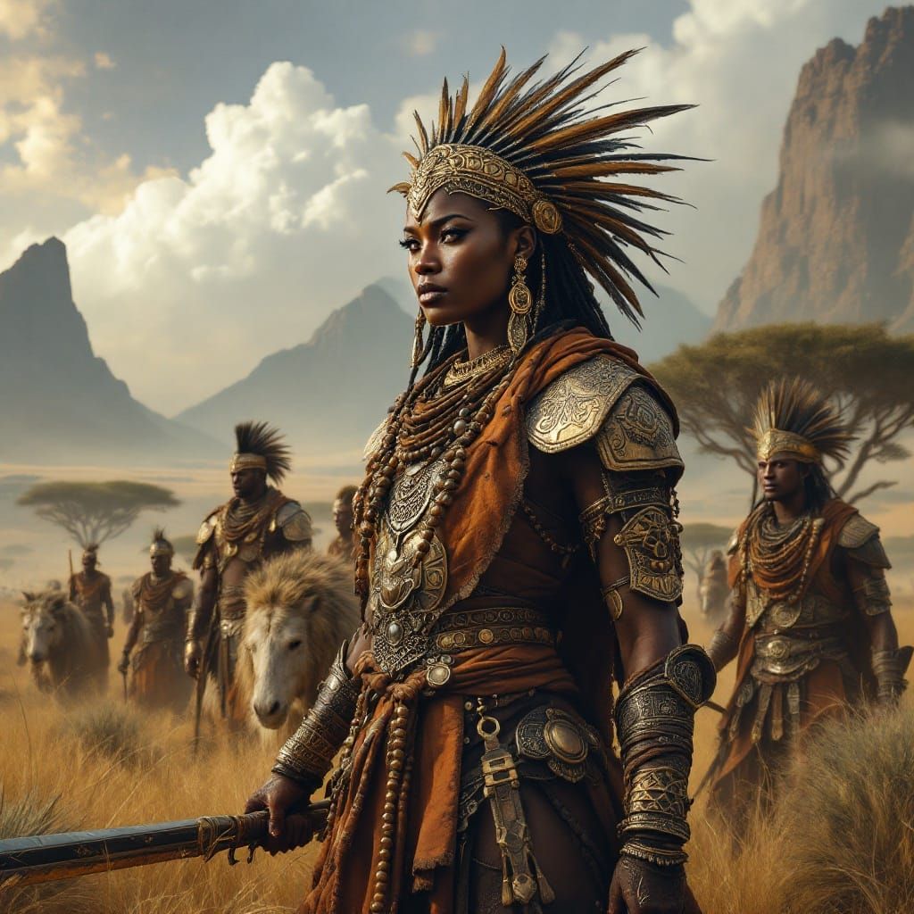 African Chiefston Warrior Queen in Majestic Oil Painting