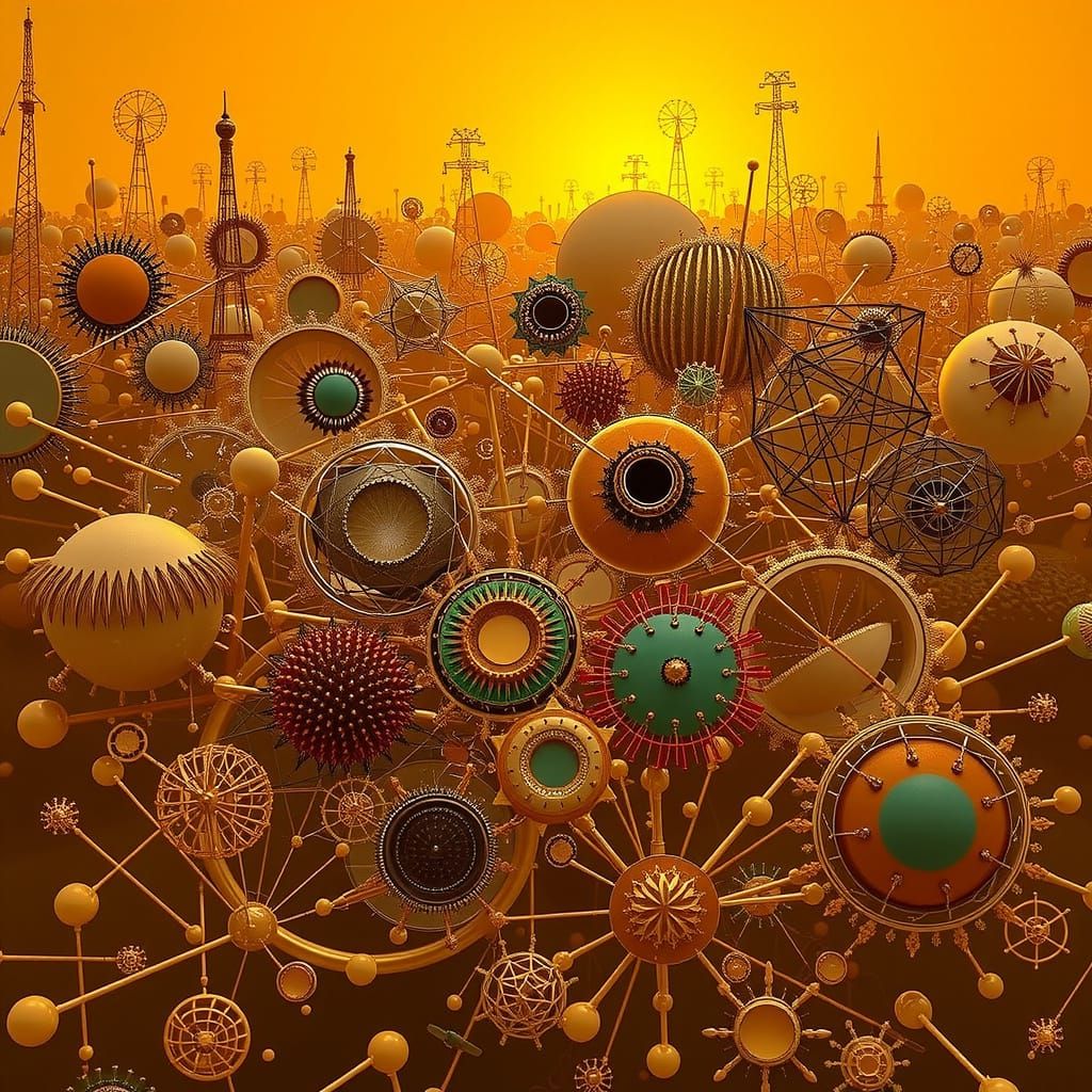 Geometric Hyperrealism in Vermillion, Yellow, and Green