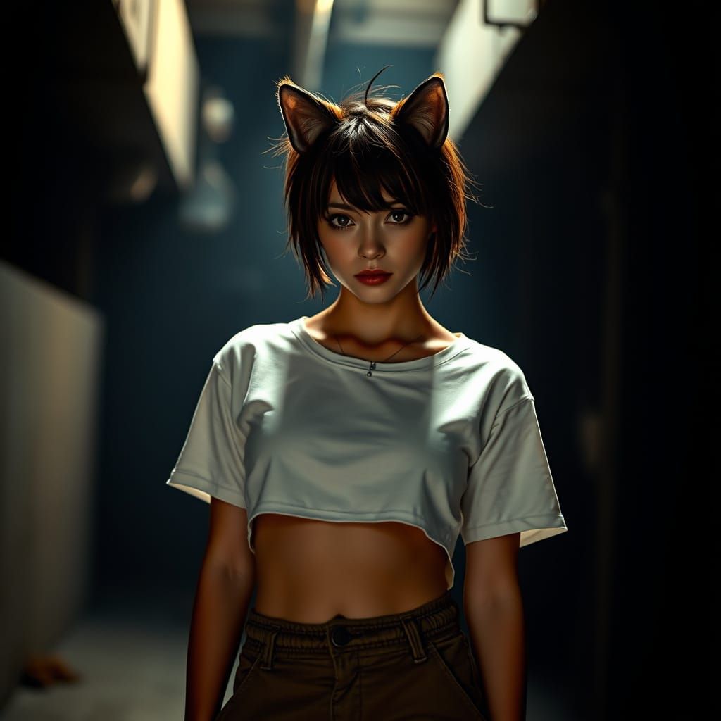 Hyperrealistic Woman with Cat Ears in Cinematic Style